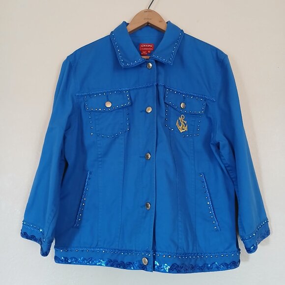 Vintage Chaps Blue Sequin Studded Sailor Themed Denim Jacket Women's XL - Picture 1 of 5